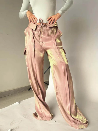 Loose Zipper Multicolor Vacation Trousers Satin Pants