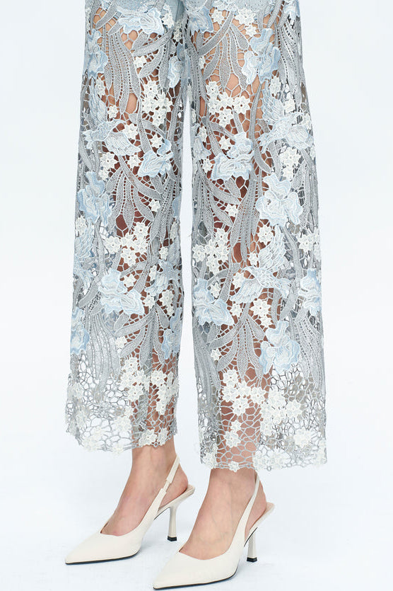 High Rise Wide Leg Lace Denim Jeans With Rhinestones