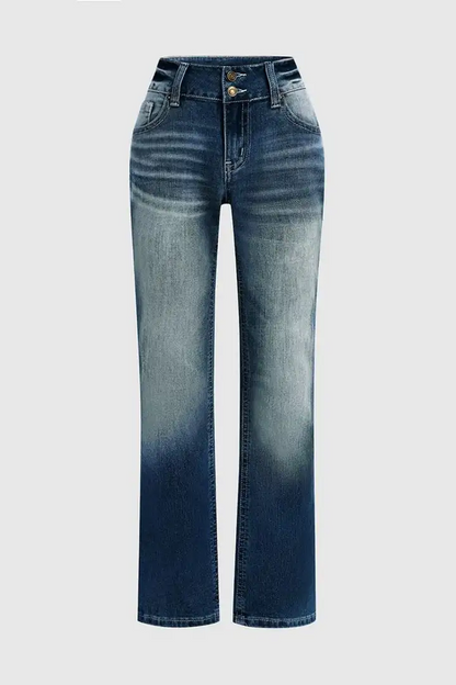 Wash Stretchy Double Button Mid Waist Bootcut Jeans