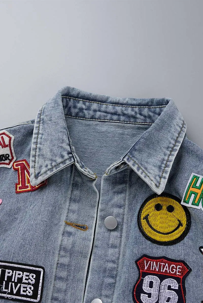 Womens Yellow Street Patchwork Turndown Collar Long Sleeve Denim Jacket