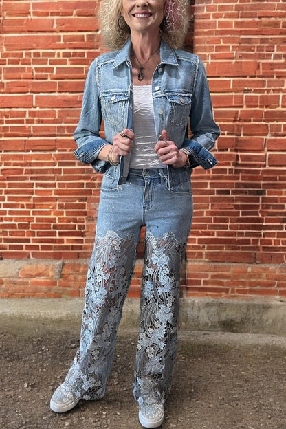 High Rise Wide Leg Lace Denim Jeans With Rhinestones