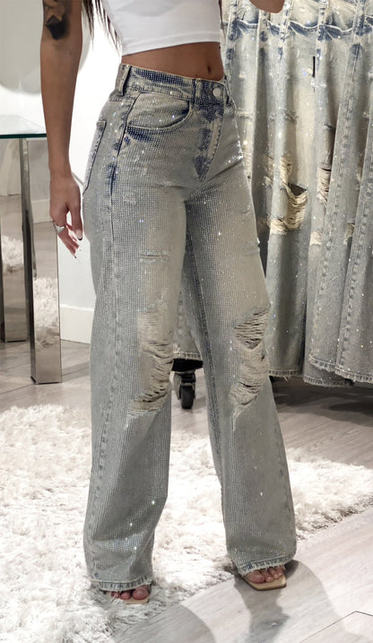 High Waisted Diamanté Ripped Hollow Jeans