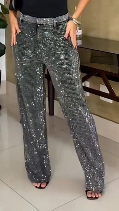 Rhinestone Casual Straight Pants