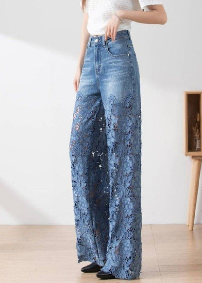 Women Wide Leg Sheer Mesh Star Print Splice Denim
