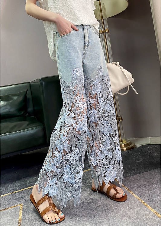 Women Wide Leg Sheer Mesh Star Print Splice Denim