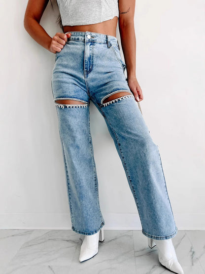 High Waisted Embellished Cut-Out Jeans