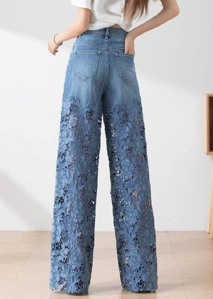 Women Wide Leg Sheer Mesh Star Print Splice Denim