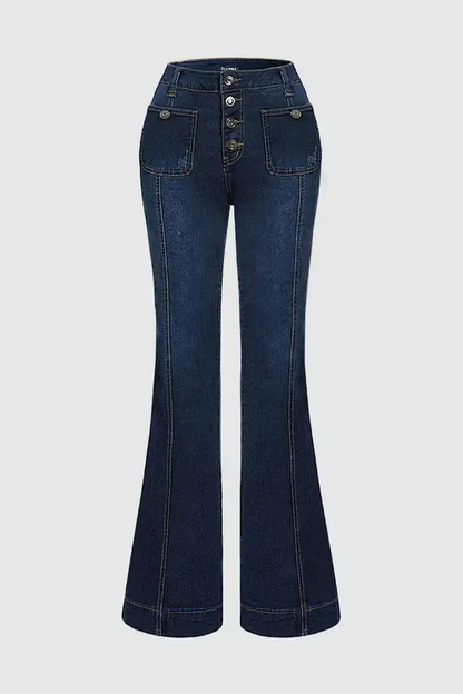 Wash Button Fly Seam Front High Rise Flare Jeans