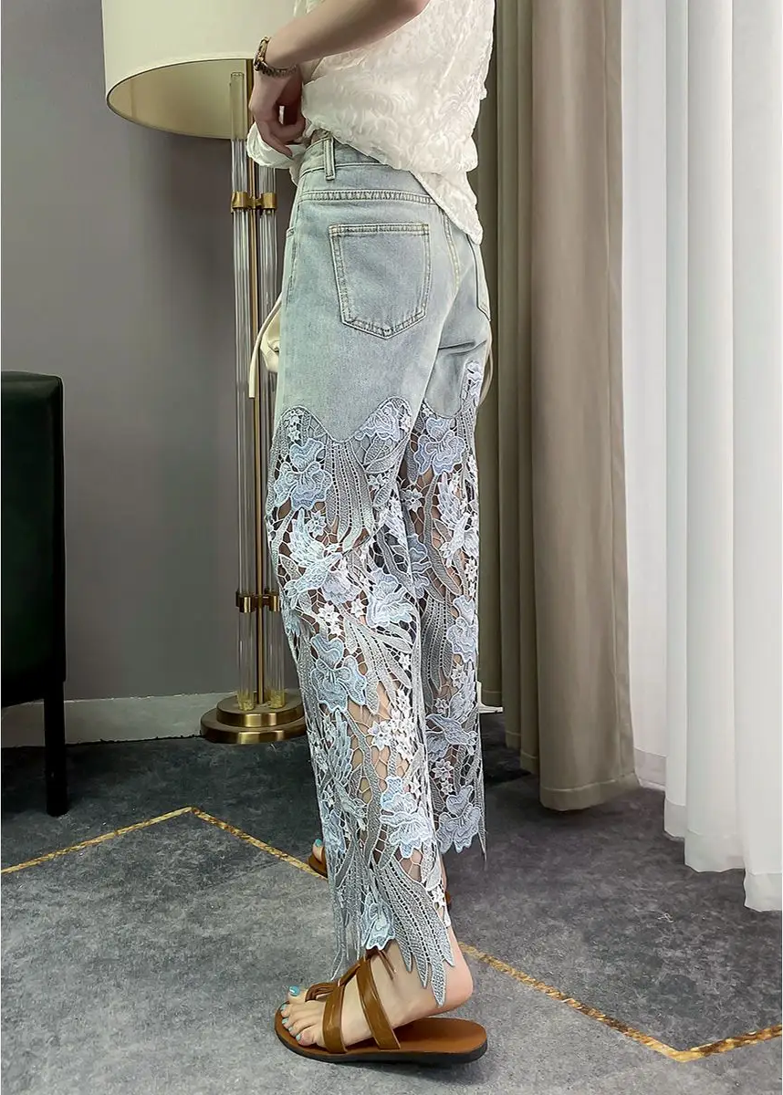 Women Wide Leg Sheer Mesh Star Print Splice Denim