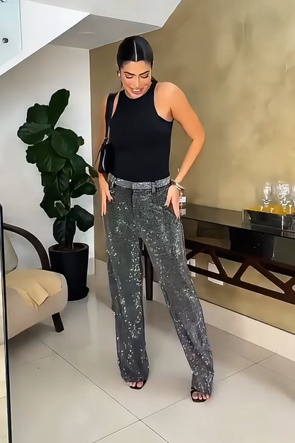 Rhinestone Casual Straight Pants