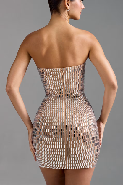 Embellished Bandeau Mini Dress in Almond