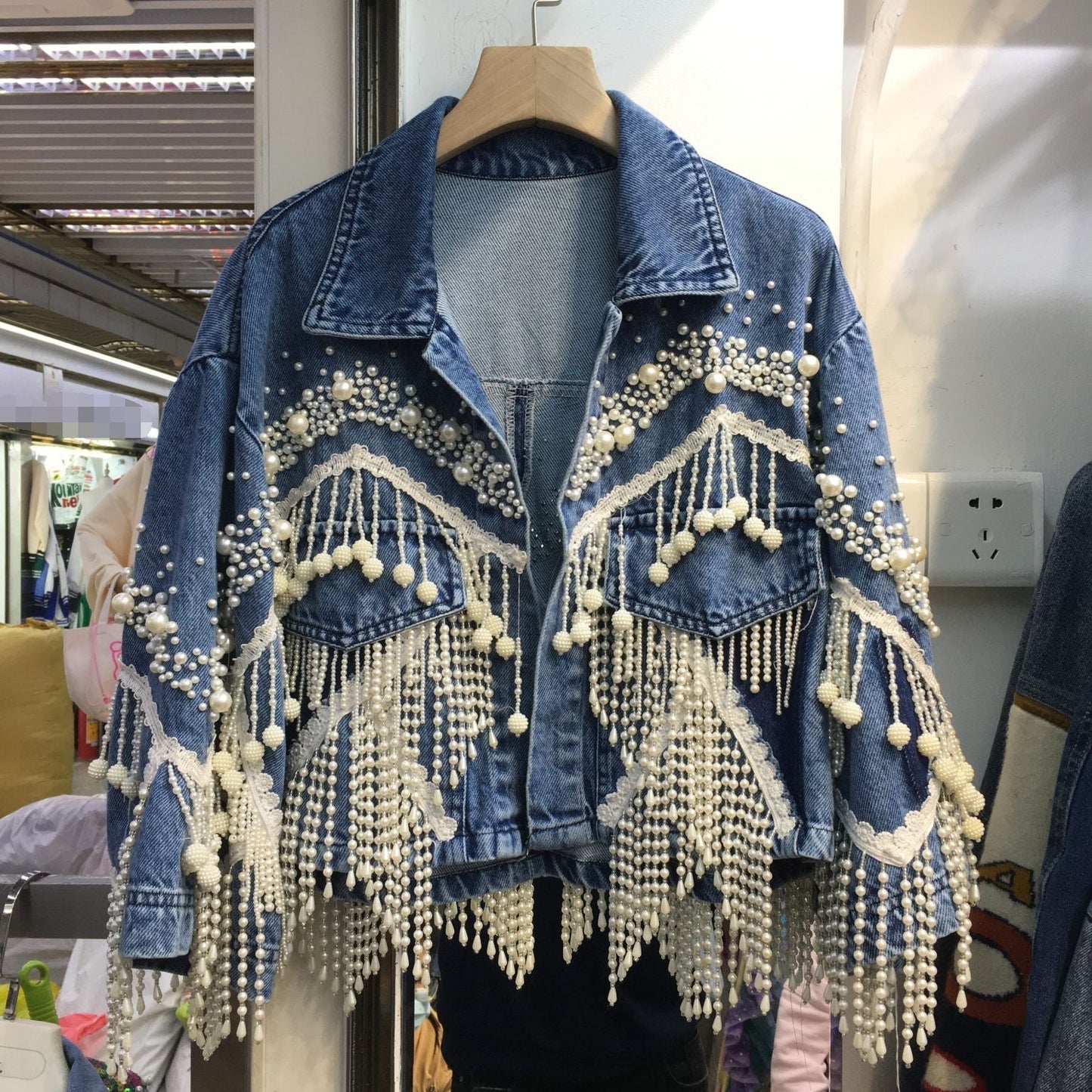 Women's Pearl Fringe Jean Jacket Laple Short Denim Coat