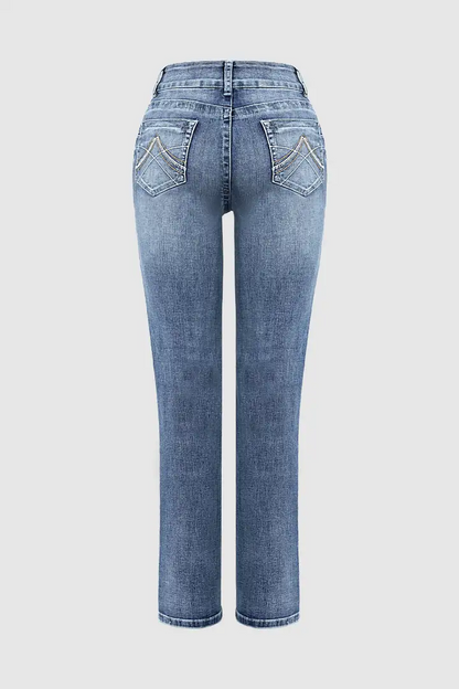 Stitch Detail Dual Button Mid Waist Straight Leg Jeans