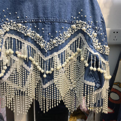 Women's Pearl Fringe Jean Jacket Laple Short Denim Coat