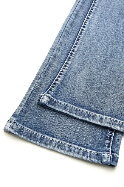 Stitch Detail Dual Button Mid Waist Straight Leg Jeans