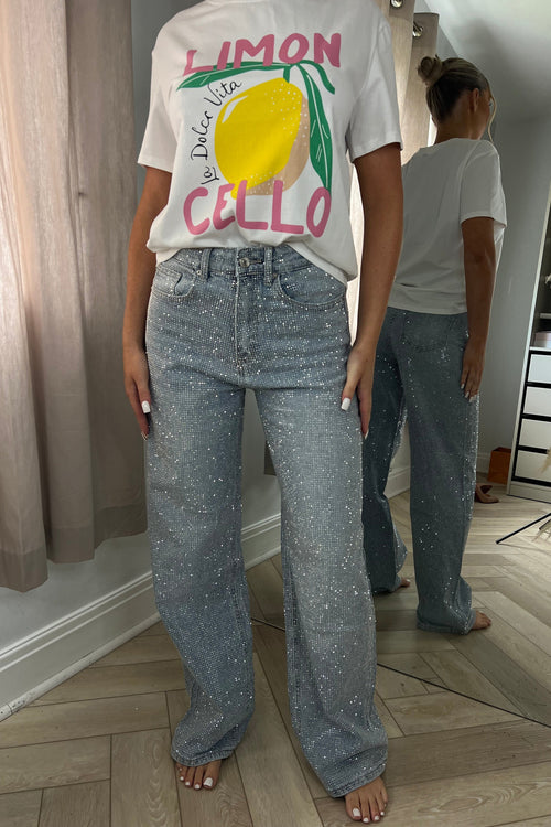 Full Diamanté Blue Wide Leg Sparkle Covered Jeans