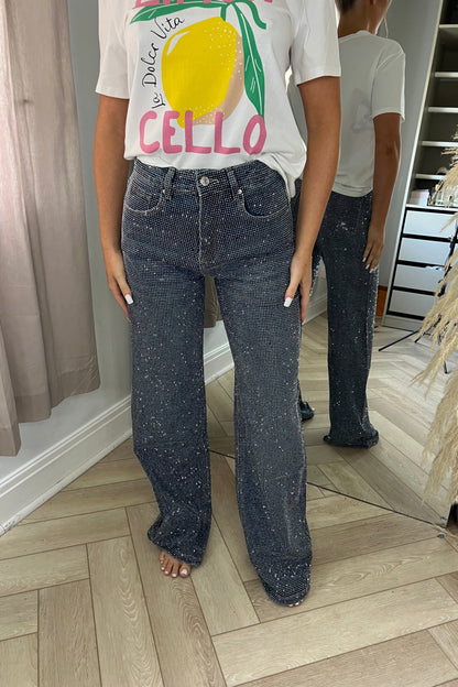 Full Diamanté Blue Wide Leg Sparkle Covered Jeans