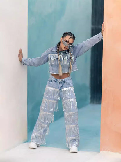 Womens  High Waisted Straight Wide Leg Sequin Tassels Jeans