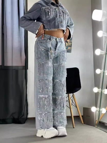 Womens  High Waisted Straight Wide Leg Sequin Tassels Jeans
