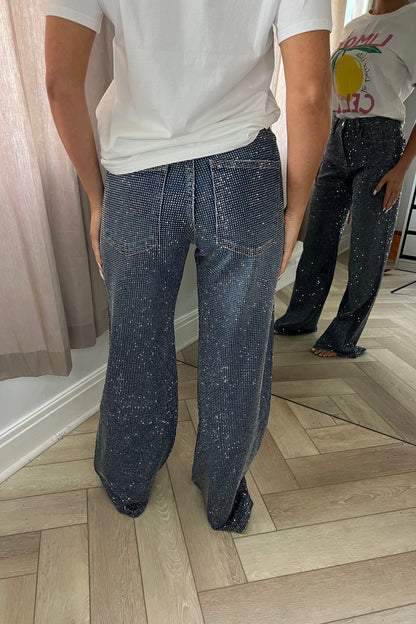 Full Diamanté Blue Wide Leg Sparkle Covered Jeans