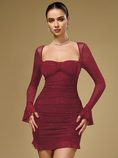 Flounce Sleeve Mesh Sparkly Mini Dress