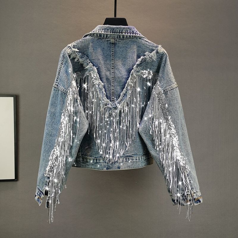 Jacket Woman Fringed Sequined Denim Jacket
