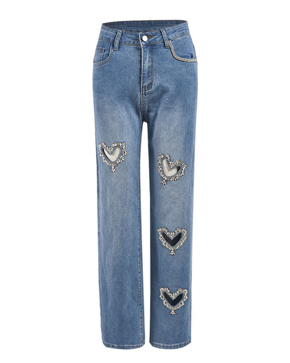 Women Straight Heart Diamond Hollow Out Pockets Vintage Denim