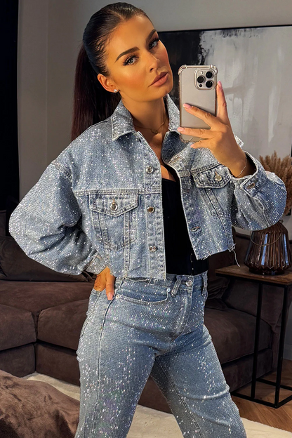 Pre-sale-Diamante Rhinestone Denim Blue Jacket