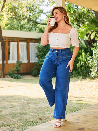 Relaxed Tummy Control Double Button Closure Wide-Leg Jeans