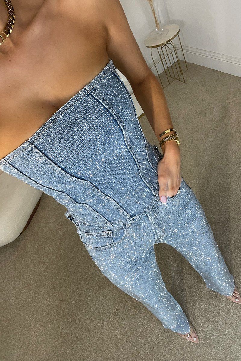 Light Blue Diamanté Wide Leg Denim Jumpsuit with Strapless Design