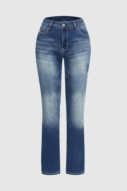 Washed Flap Pocket Low Rise Straight Leg Jeans