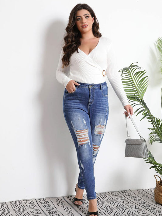 Tummy Control Distressed Cuffed Boyfriend Jeans