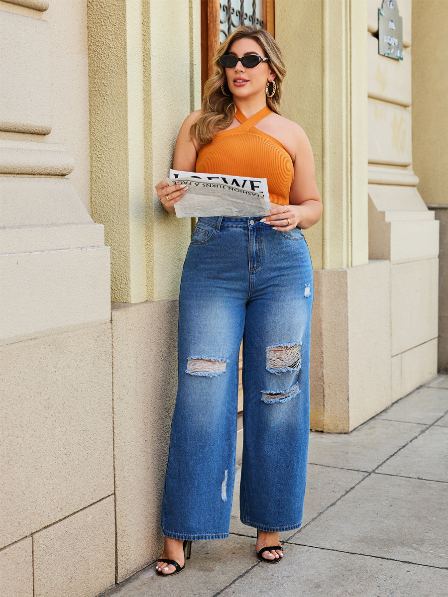 High Waisted Ripped Light Wash Distressed Straight Jeans