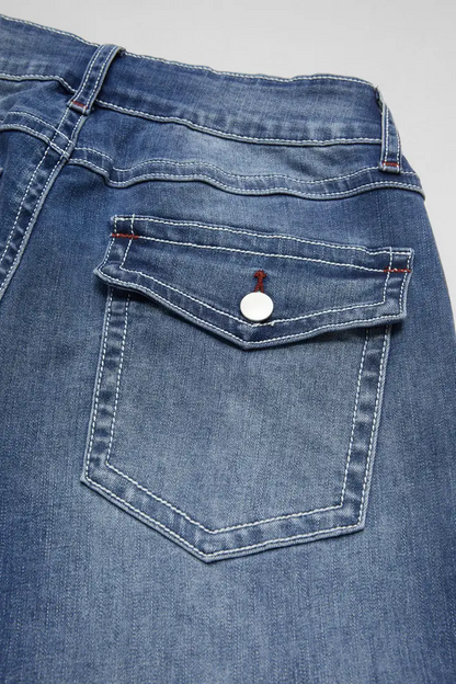 Washed Flap Pocket Low Rise Straight Leg Jeans
