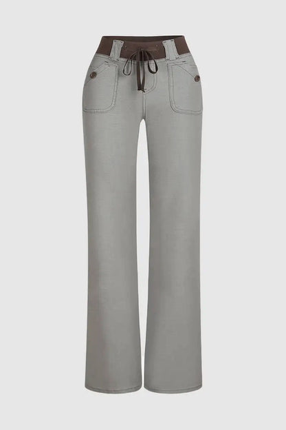 Button Detail Drawstring Low Rise Flare Pants