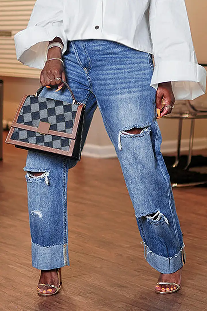 Cut Out Roll Hem Raw Hem Asymmetrical High Waist Straight Leg Jeans