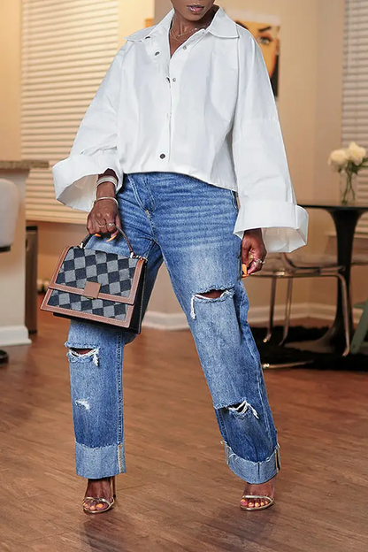 Cut Out Roll Hem Raw Hem Asymmetrical High Waist Straight Leg Jeans